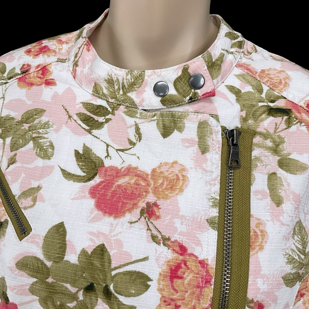 Lane Bryant Jacket Women 18 Ivory Pink Floral Long Sleeve Zip Moto Pockets NWT - Picture 2 of 16